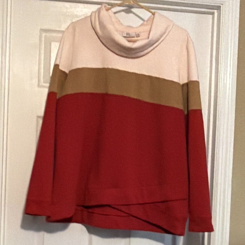Kim Rogers Women's Cowl Neck Colorblock Pullover Sweatshirt Red Tan Pink XXL 2X